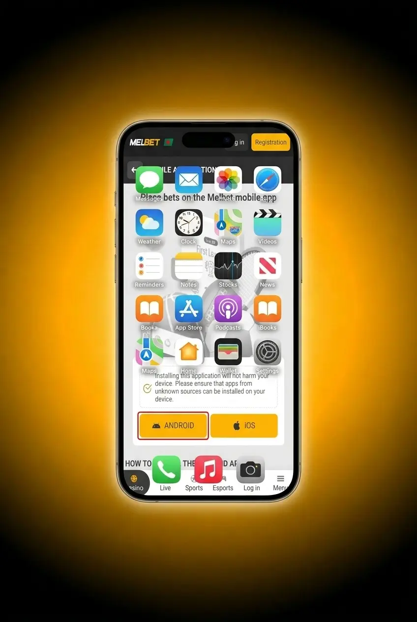 Melbet APK Android download guide showing 4 steps: download, confirm, enable unknown apps, and install the app
